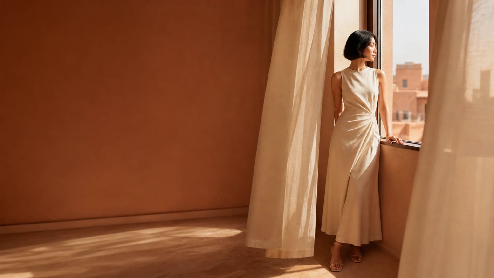 A fictional woman reflecting beside a sunlit window