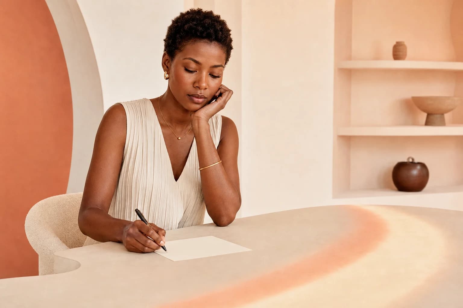 A fictional woman reflecting on a blank questionnaire