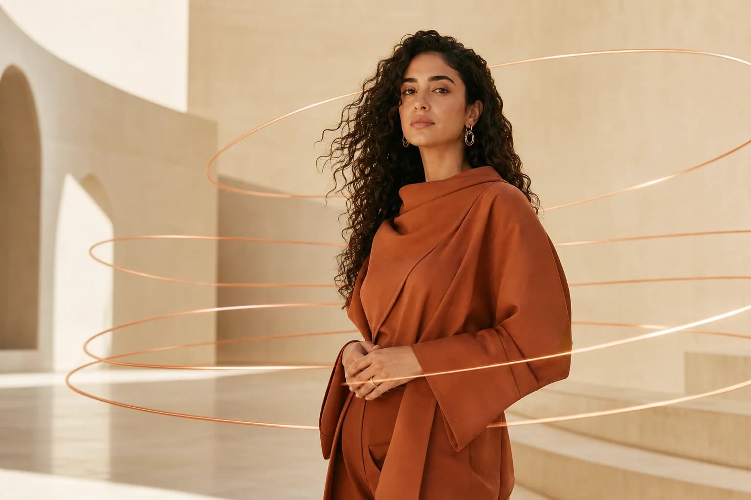 A fictional woman surrounded by seven precise arcs of light