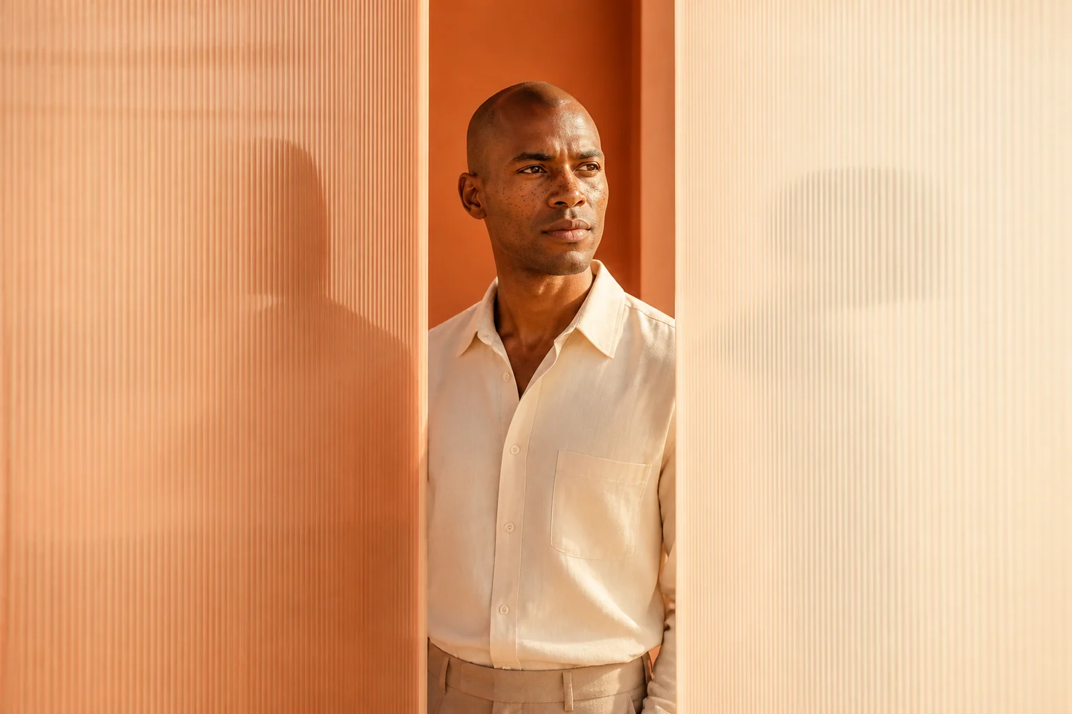 A fictional man framed by two planes representing a visible gap