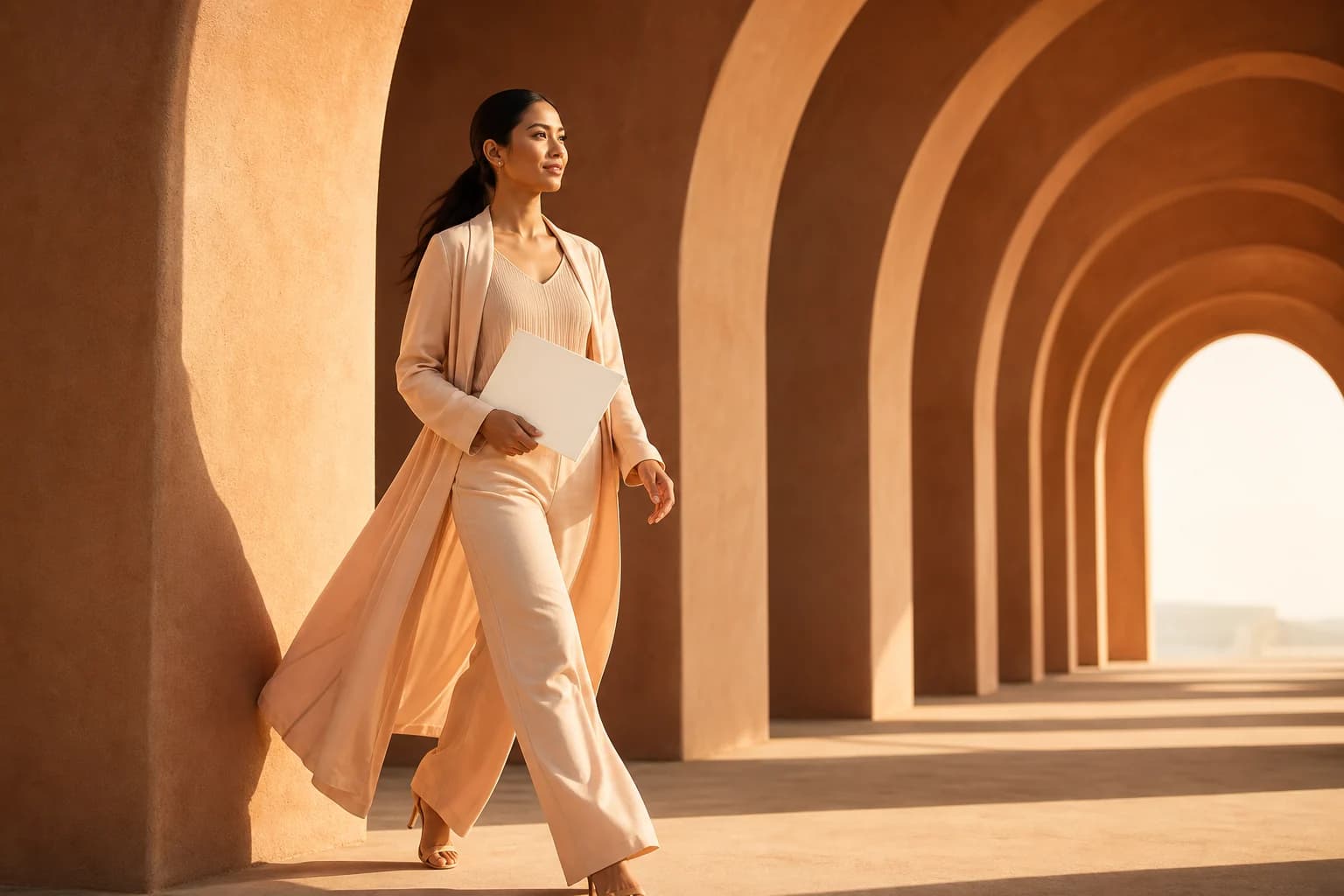 A fictional woman moving through a clear architectural path